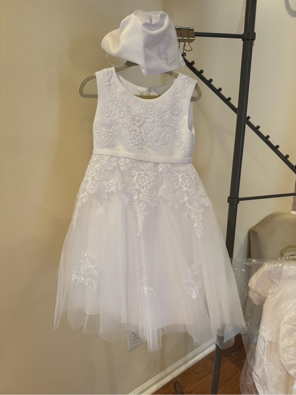 Sweetie Pie Collection White Embroidered Tulle Formal Dress with Hat